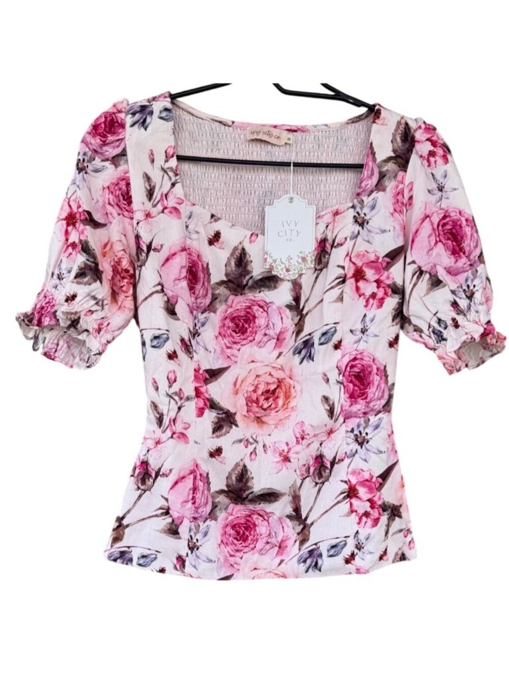 Ivy City Co  Medium white pink floral rose print blouse puff sleeve square neck